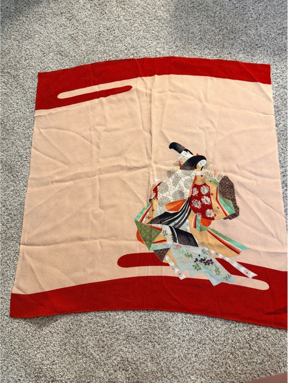 Vintage Japanese Chirimen Furoshiki Scarf 26” Kimono Court Figures Crepe Japan